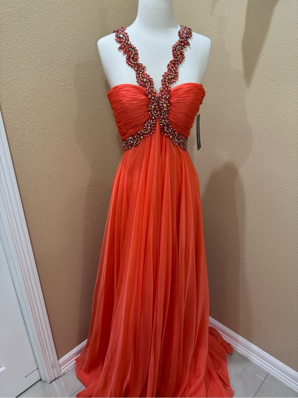 Sherri Hill Coral Beaded Halter Evening Gown - Elegant Prom Dress